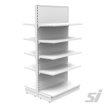 white gondola shelving with classic shelves